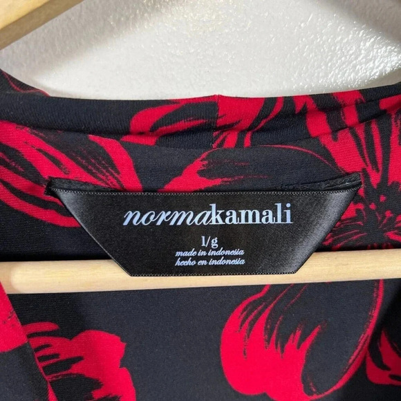 Norma Kamali Faux Wrap Dress Size Large Black Red Floral Jersey Stretch Work - Picture 4 of 12